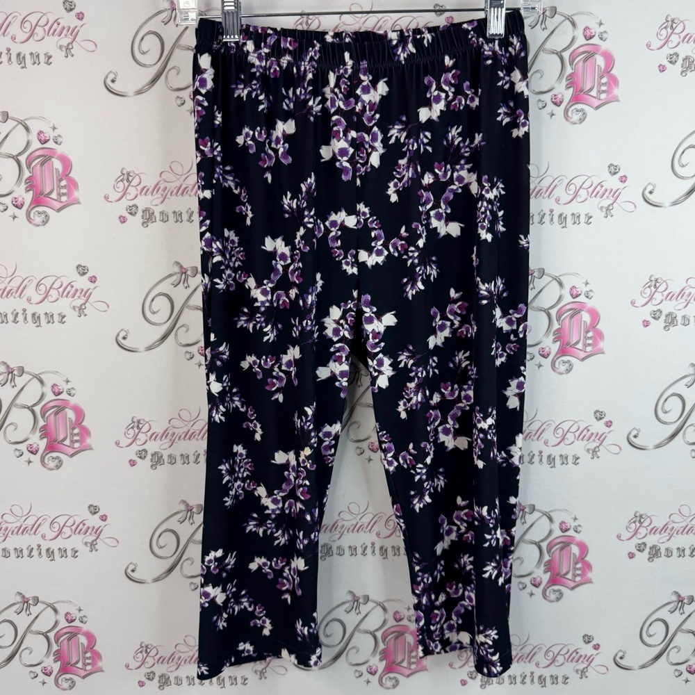 LBISSI cropped pants capri flowers Black Leggings with Purple Floral Design